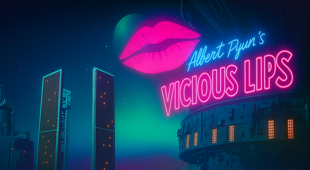 A futuristic, neon landscape depicting a space scene. In the upper right is the text "Albert Pyun's Vicious Lips" in a stylized neon font.
